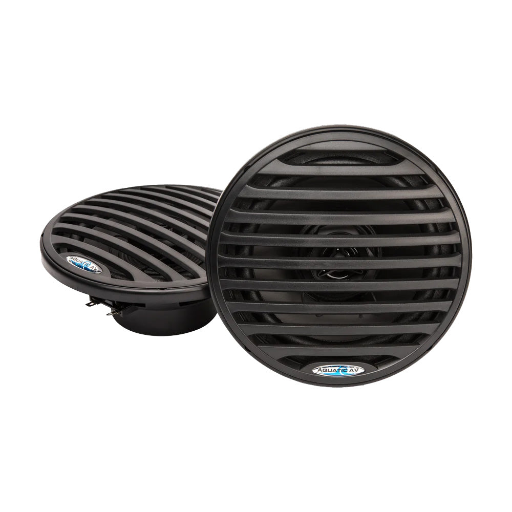 Pair of black Aquatic AV Economy 6.5 inch waterproof marine speakers with grilles