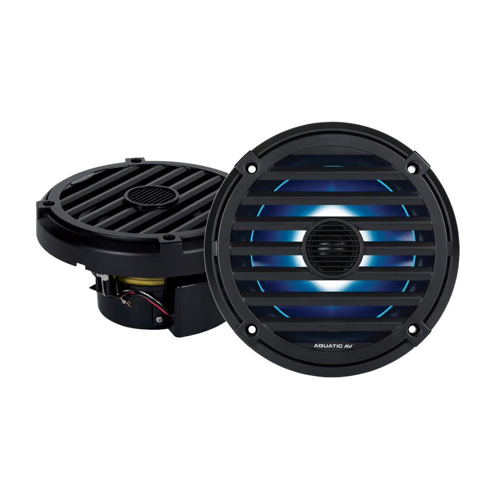 Pair of white Aquatic AV Elite 6.5 inch marine speakers with classic grilles and RGB LED lighting - view 2