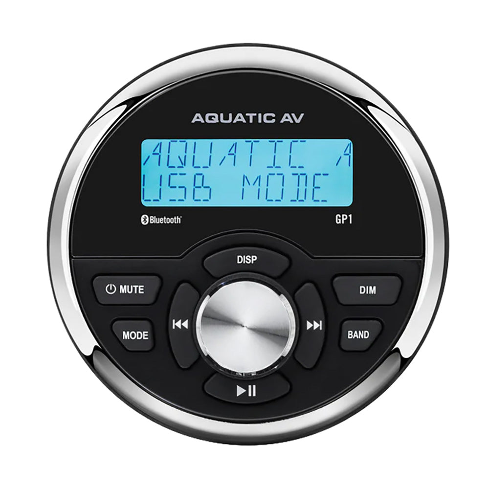 Aquatic AV GP1 round gauge style marine stereo with blue backlit display, model RA611