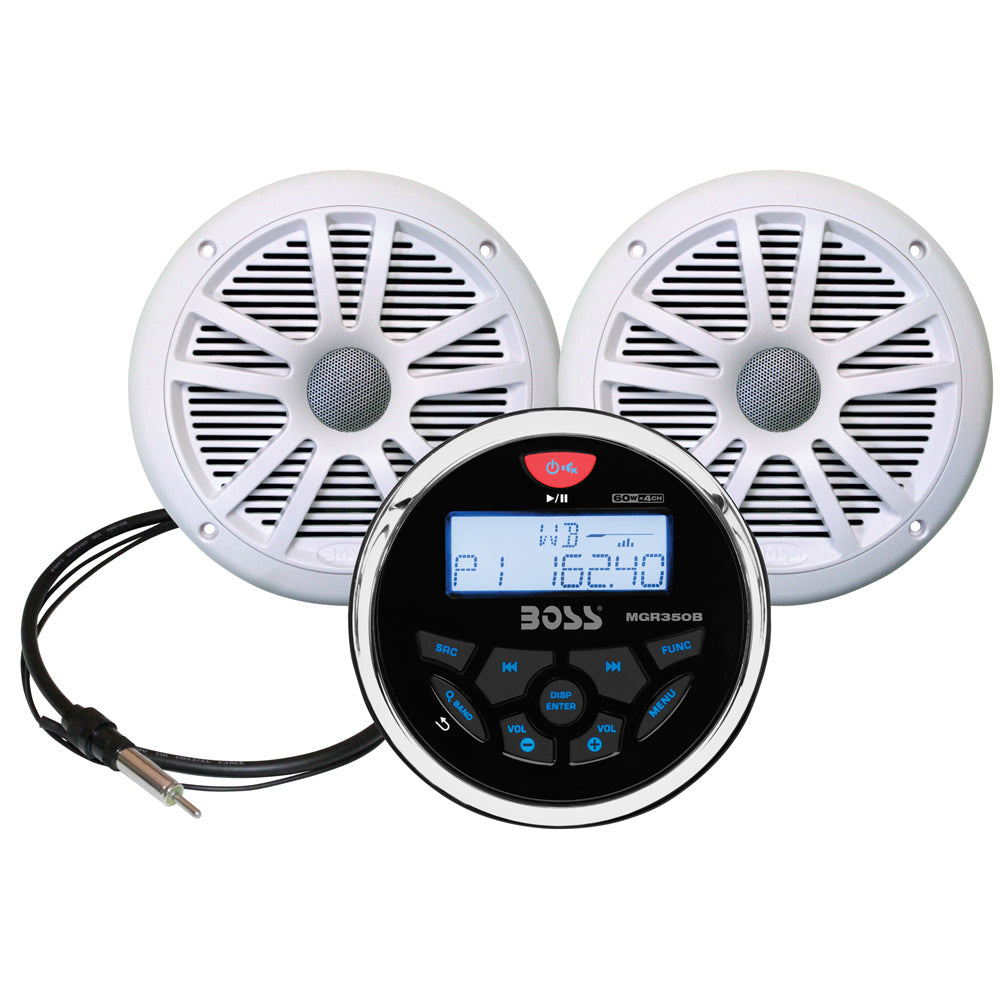 Boss Audio MCKGB350W.6 white marine stereo with weather band and a pair of white 6.5 inch MR6W speakers