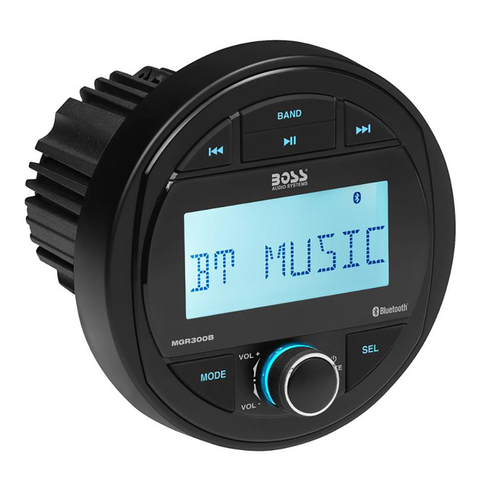 Boss Audio MGR300B round gauge style marine stereo with backlit display and large controls