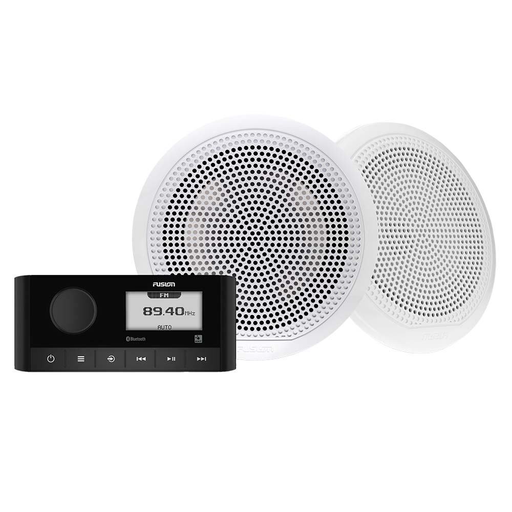 Fusion MS-RA60 marine stereo with a pair of white EL Classic 6.5 inch speakers, antenna and wiring
