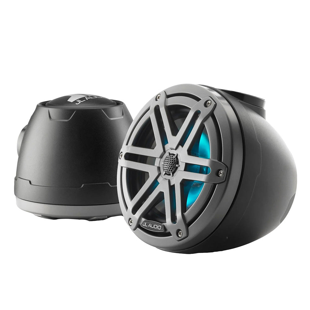 JL Audio M3-650VEX-Mb-S-Gm-i VeX enclosed coaxial speaker pods with gray metallic sport grilles and RGB LED