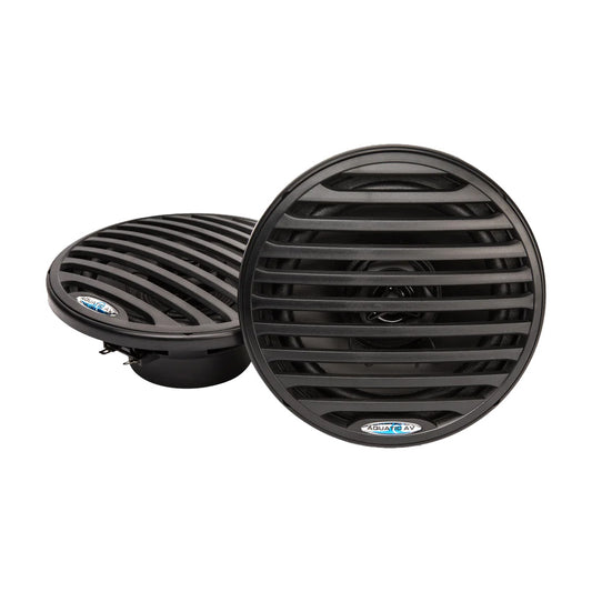Pair of black Aquatic AV Economy 6.5 inch waterproof marine speakers with grilles
