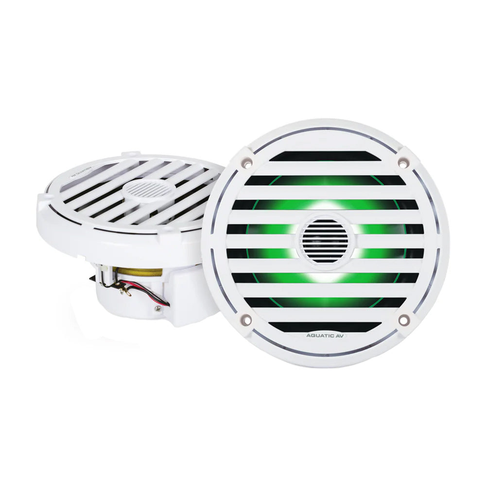 Pair of white Aquatic AV Elite 6.5 inch marine speakers with classic grilles and RGB LED lighting