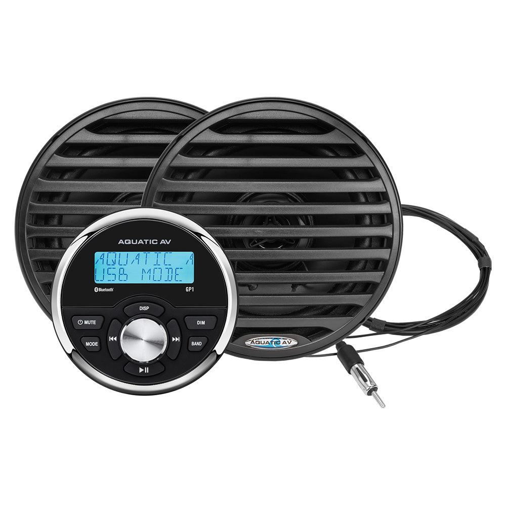 Aquatic AV GP1 gauge stereo with a pair of black Economy 6.5 inch marine speakers, kit GP100B