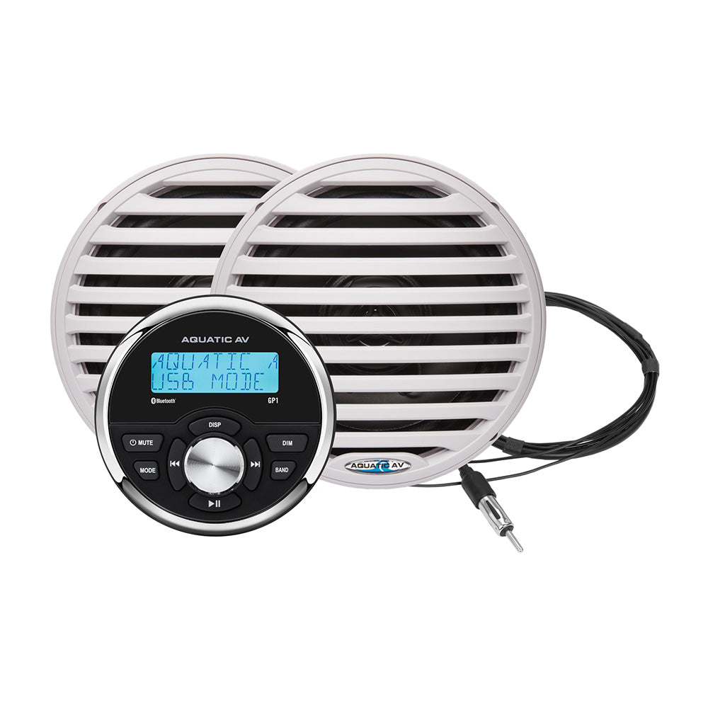 Aquatic AV GP1 gauge stereo with a pair of white Economy 6.5 inch marine speakers, kit GP100W
