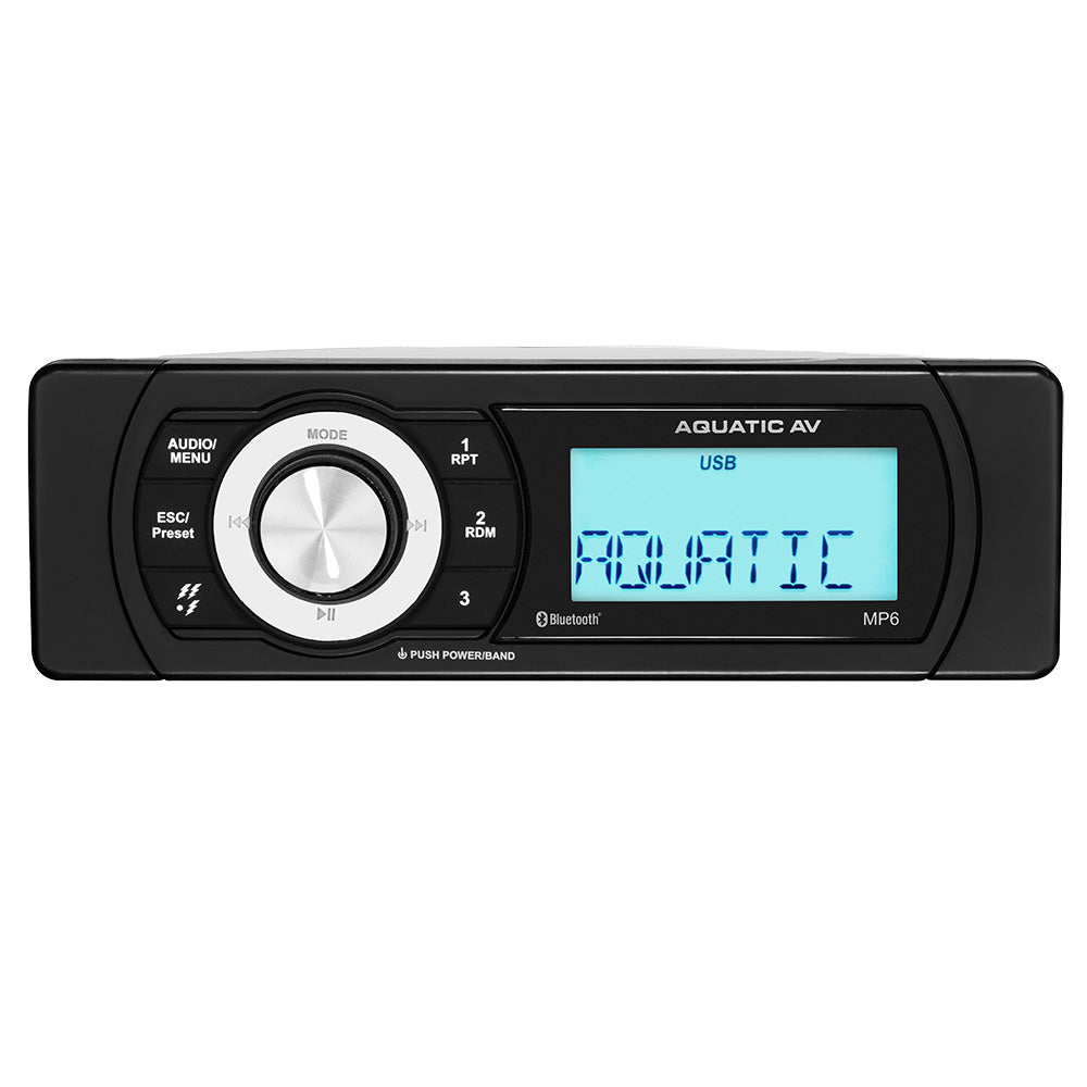 Aquatic AV MP6 shallow mount marine stereo with blue backlit display, model MP600