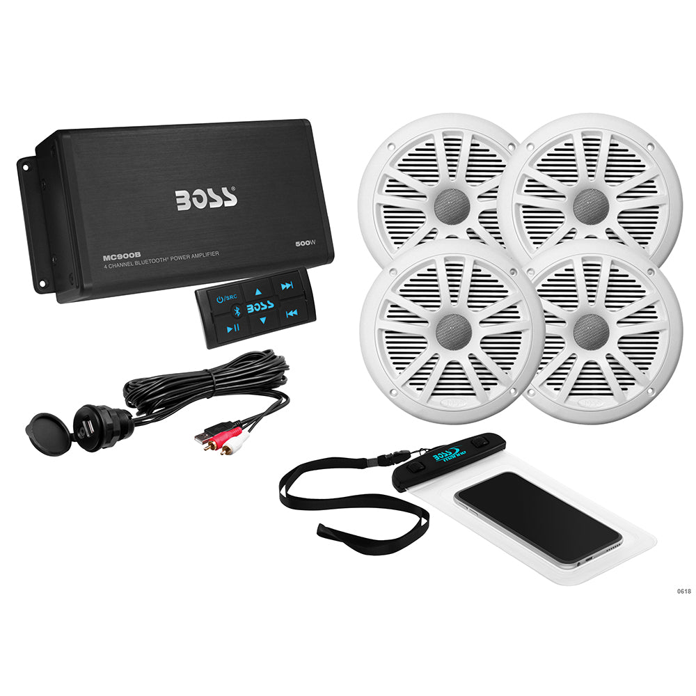Boss Audio ASK904B.64 kit with MC900B Bluetooth amplifier, controller and four white 6.5 inch MR6W speakers