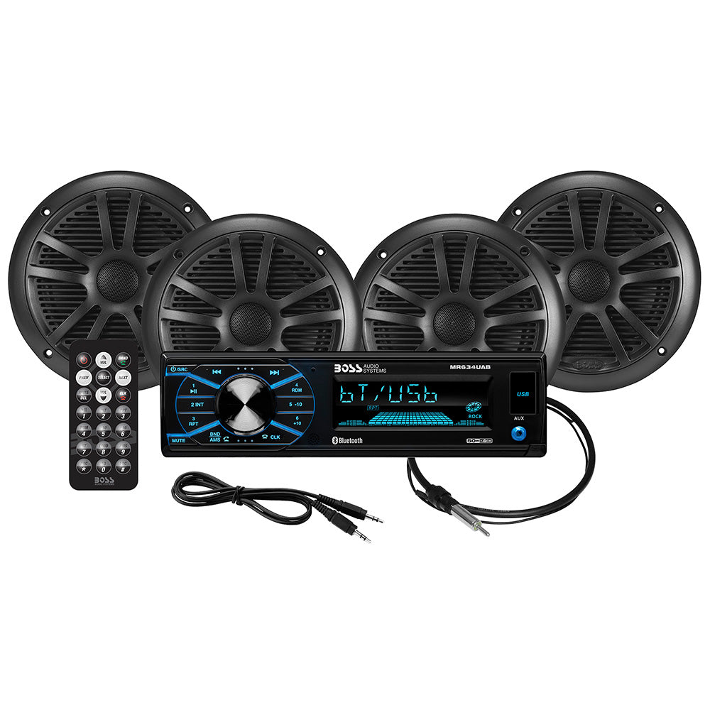 Boss Audio MCBK634B.64 kit with MR634UAB marine receiver, four MR6B 6.5 inch speakers, antenna and remote