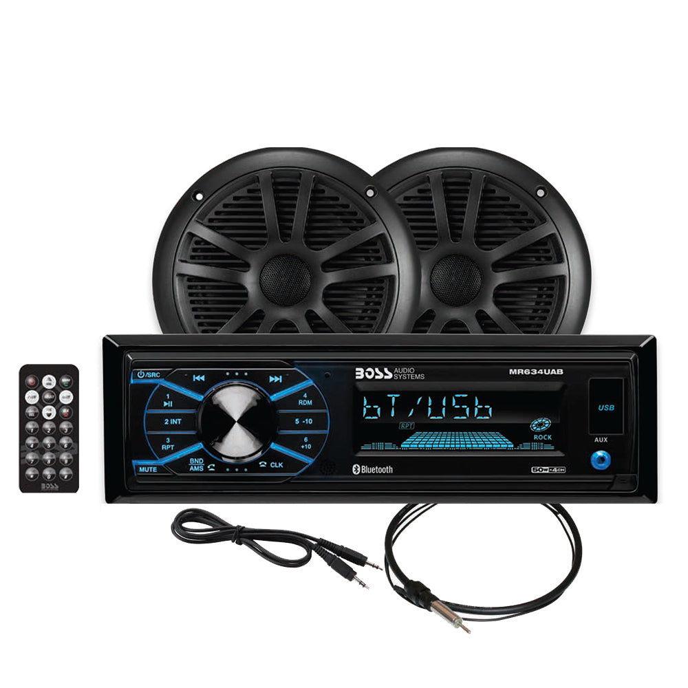 Boss Audio MCBK634B.6 black marine stereo with a pair of black 6.5 inch MR6B speakers and dipole antenna - view 2