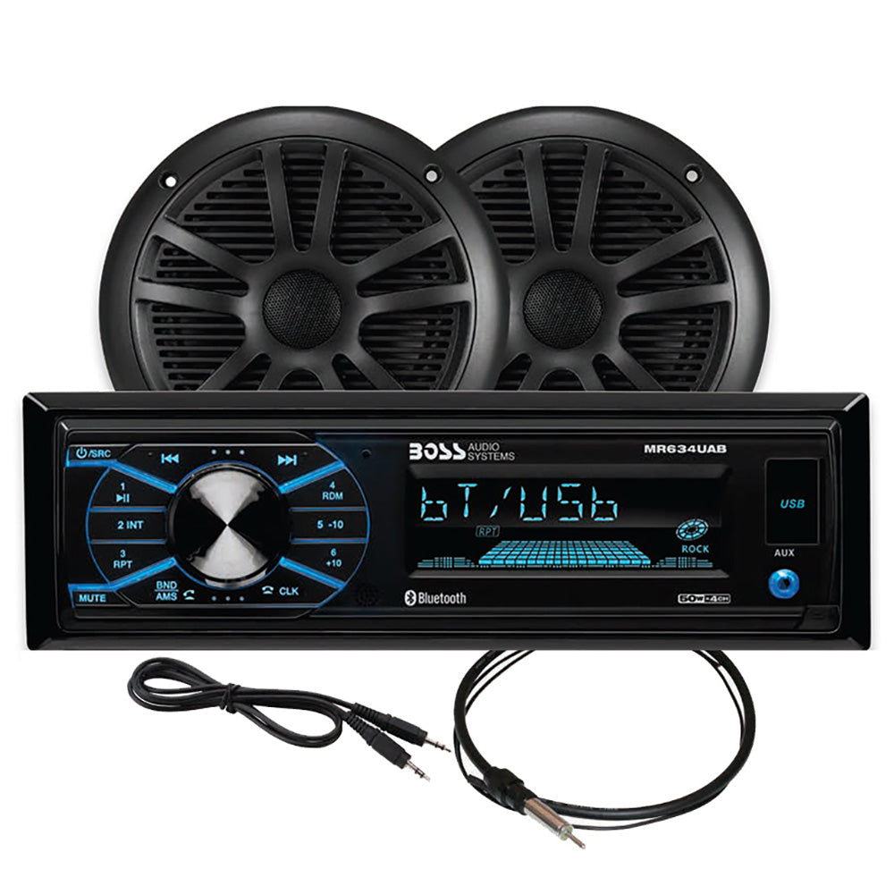 Boss Audio MCBK634B.6 black marine stereo with a pair of black 6.5 inch MR6B speakers and dipole antenna