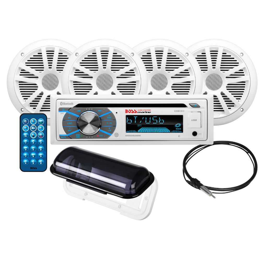 Boss Audio MCK508WB.64S white marine CD stereo with two pairs of white 6.5 inch speakers, antenna and cover - view 2