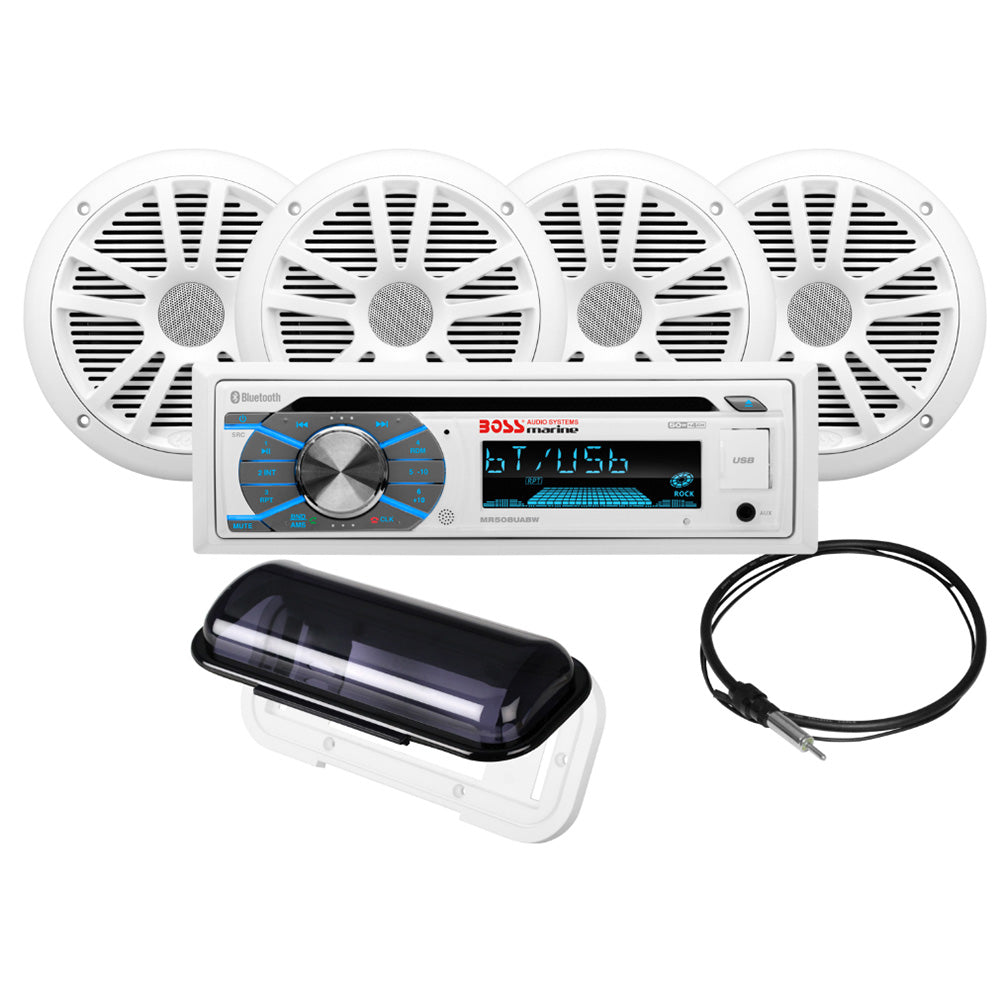 Boss Audio MCK508WB.64S white marine CD stereo with two pairs of white 6.5 inch speakers, antenna and cover