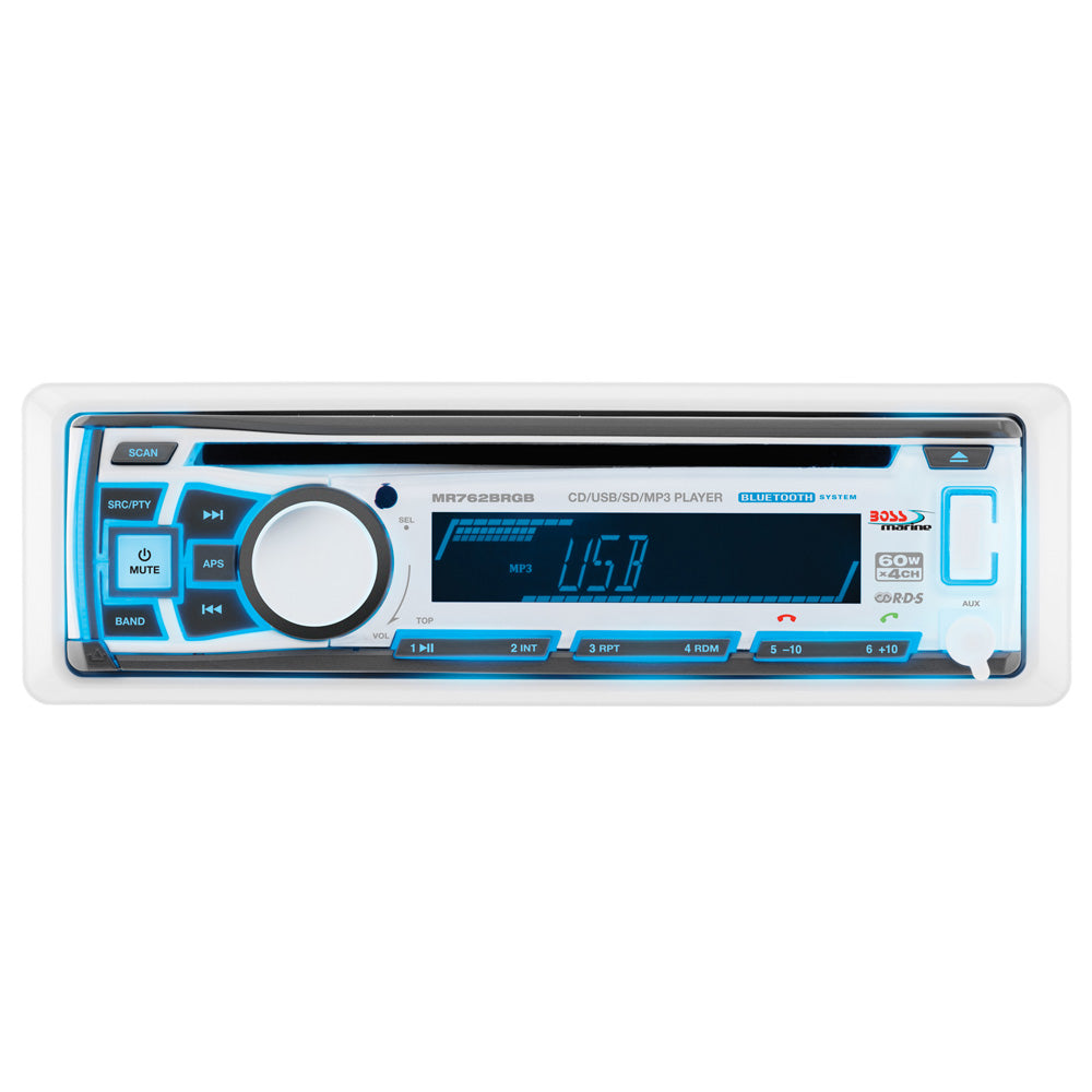 Boss Audio MR762BRGB single-DIN marine CD stereo with detachable face and multi-color lighting