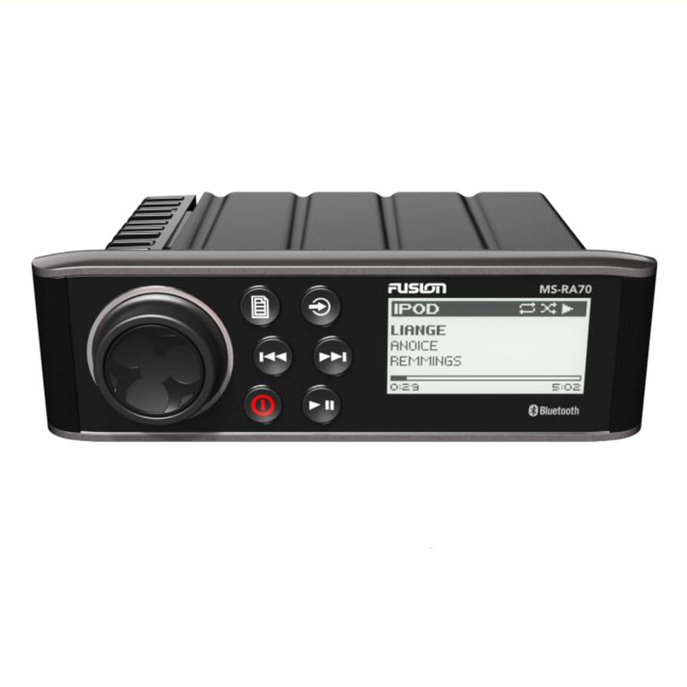 Fusion MS-RA70 DIN size two zone marine stereo with optically bonded LCD, front view - view 2