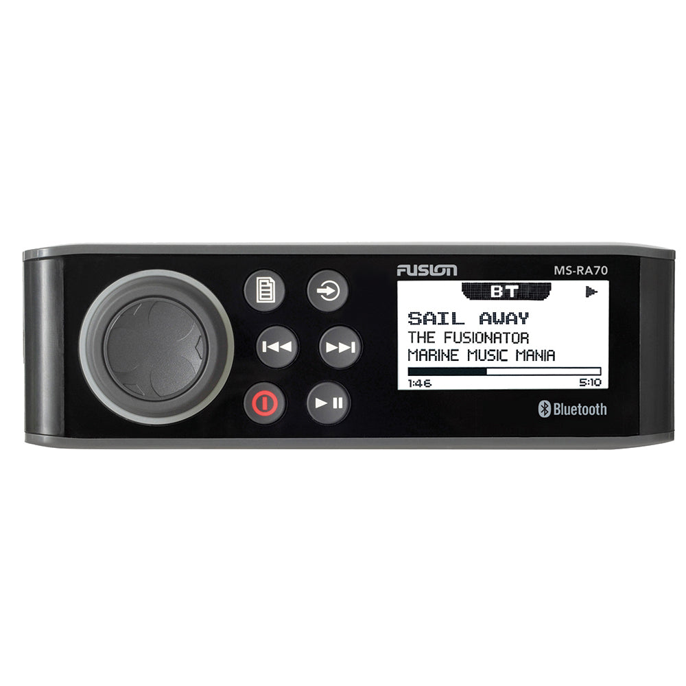 Fusion MS-RA70 DIN size two zone marine stereo with optically bonded LCD, front view - view 3