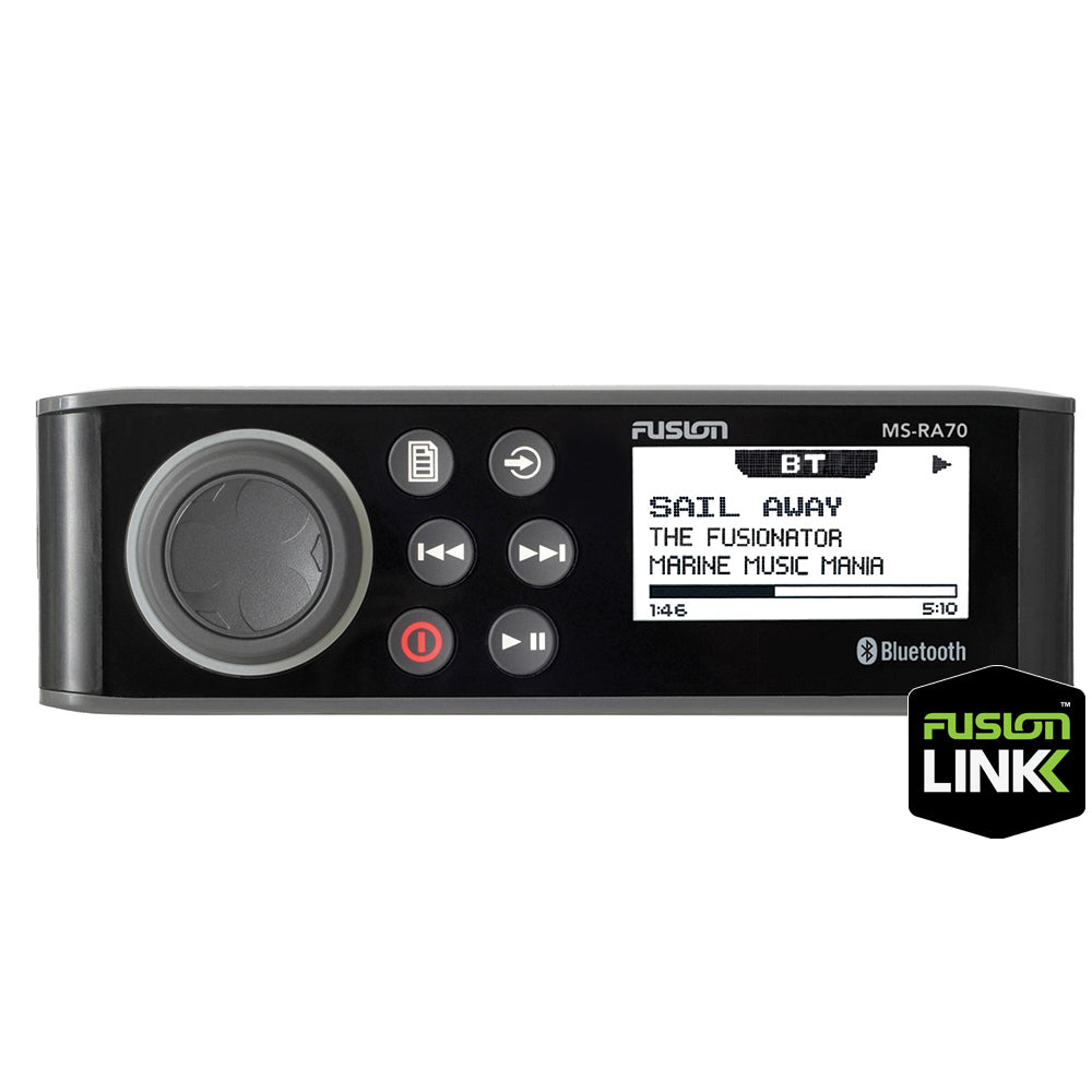 Fusion MS-RA70 DIN size two zone marine stereo with optically bonded LCD, front view
