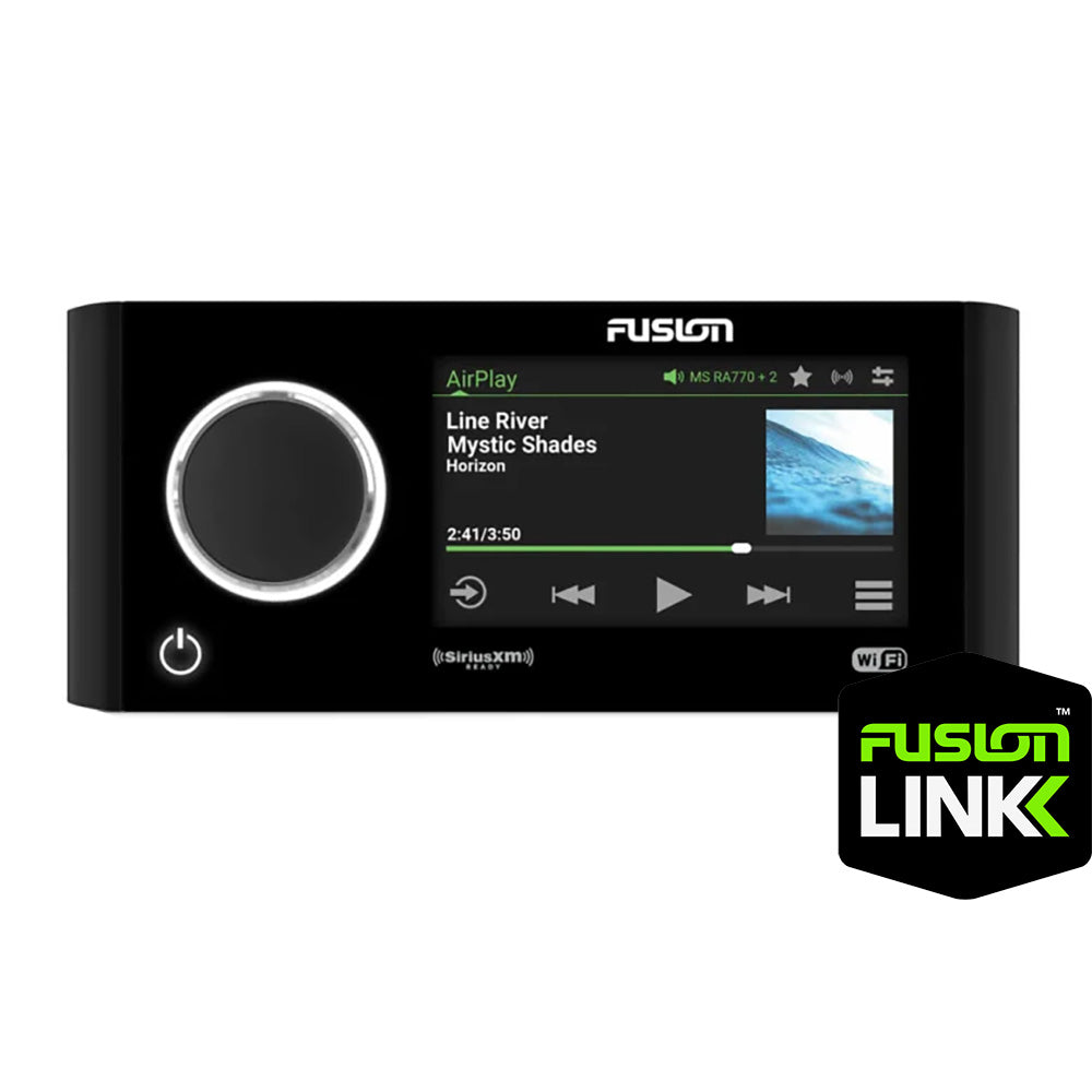 Fusion Apollo MS-RA770 touchscreen marine stereo with one-piece glass display, front view - view 2
