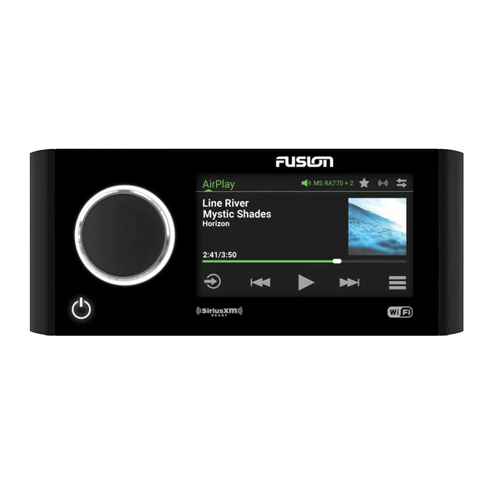Fusion Apollo MS-RA770 touchscreen marine stereo with one-piece glass display, front view