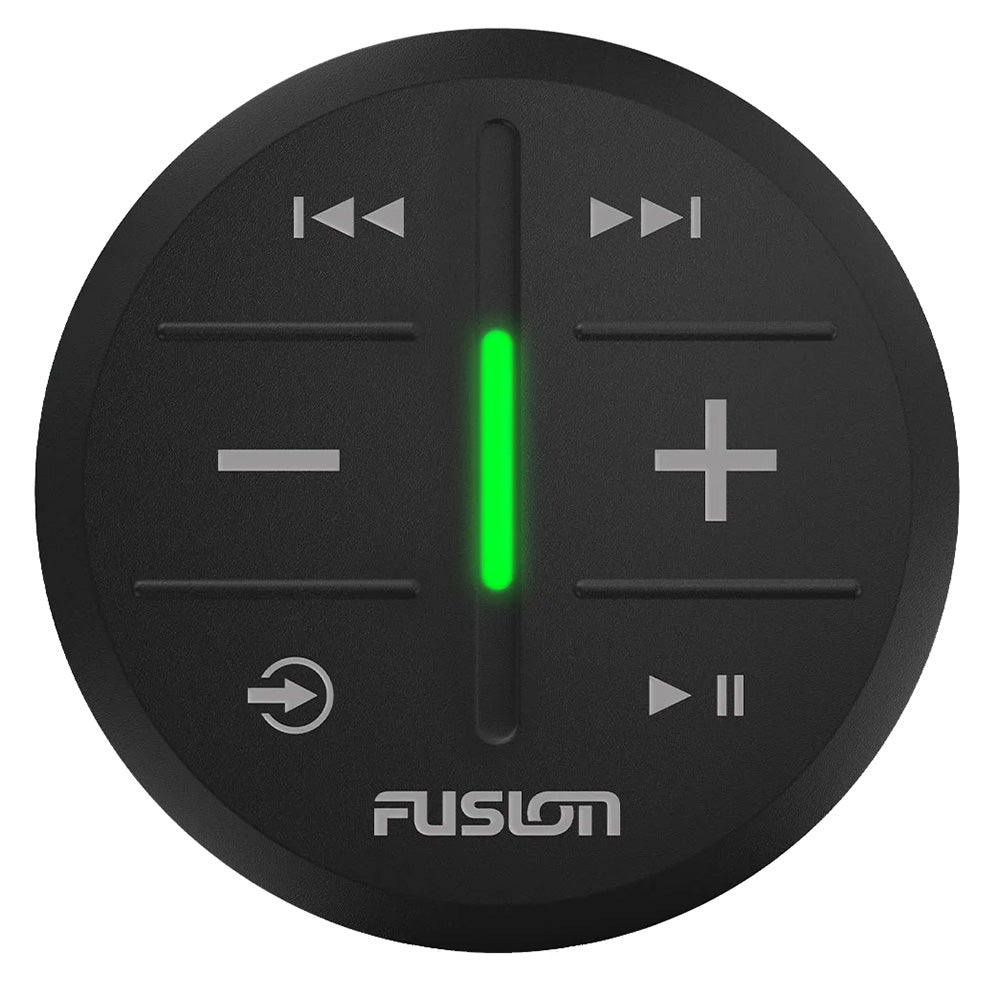 Fusion ARX70B black low-profile wireless marine stereo remote with rubber buttons and LED light bar