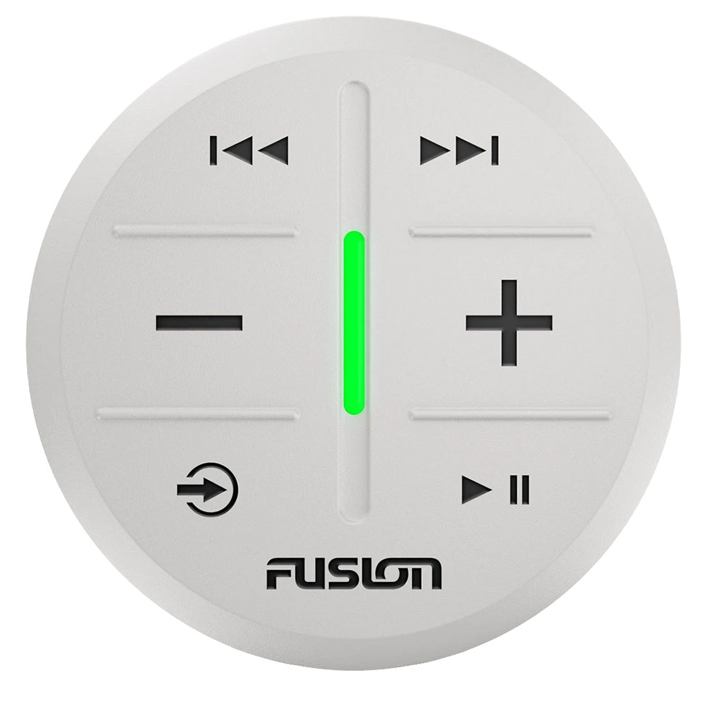 Fusion ARX70W white wireless marine stereo remote with rubberized keys and built-in LED light bar
