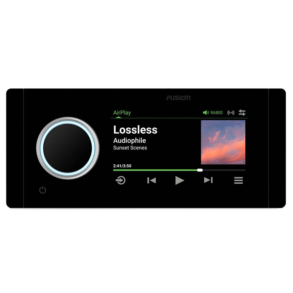 Fusion Apollo MS-RA800 marine stereo with edge-to-edge black glass 4.3 inch touchscreen