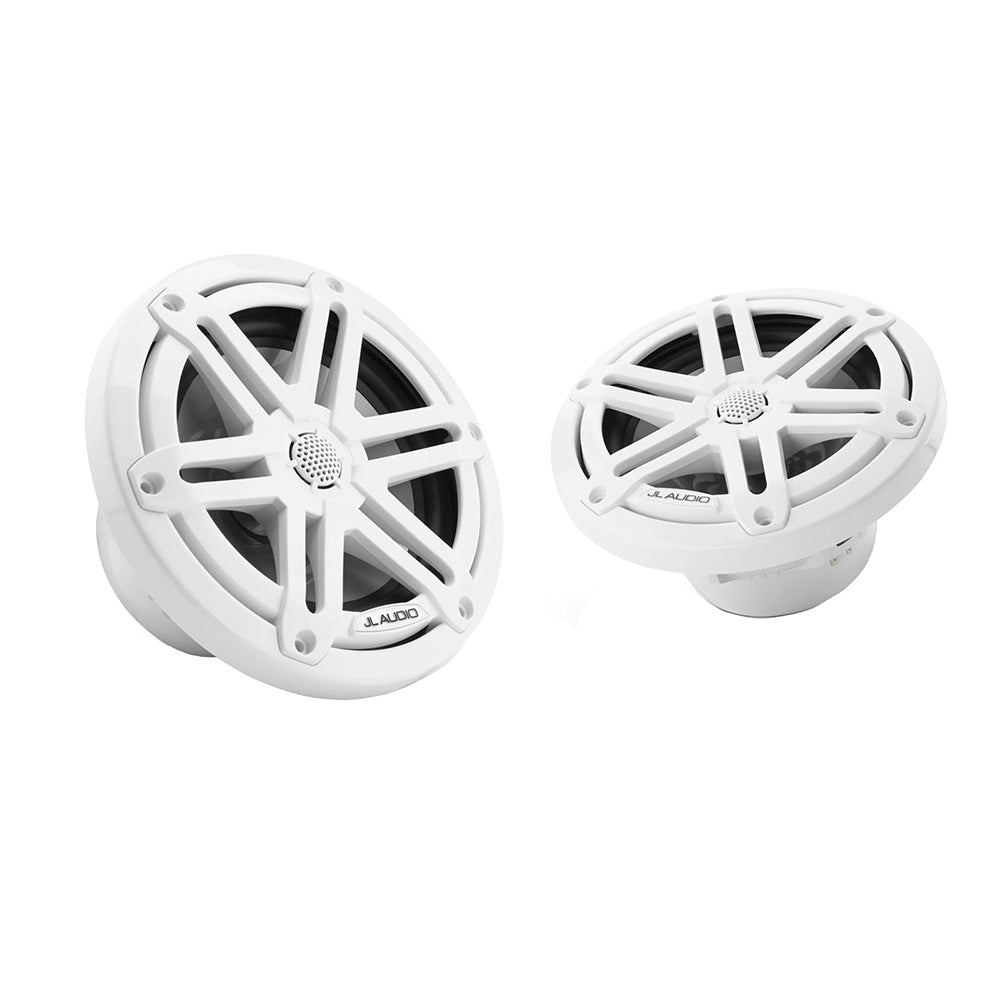JL Audio M3-650X-S-Gw 6.5 inch marine coaxial speakers with gloss white sport grilles, shown as a pair