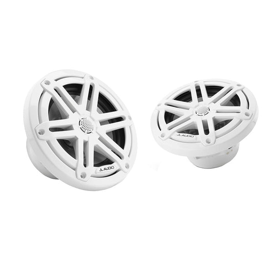 JL Audio M3-650X-S-Gw 6.5 inch marine coaxial speakers with gloss white sport grilles, shown as a pair