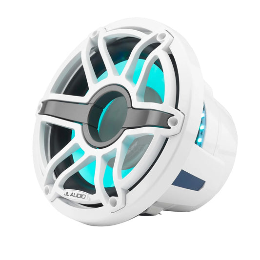 JL Audio M6 10 inch marine subwoofer with gloss white sport grille and RGB LED lighting ring