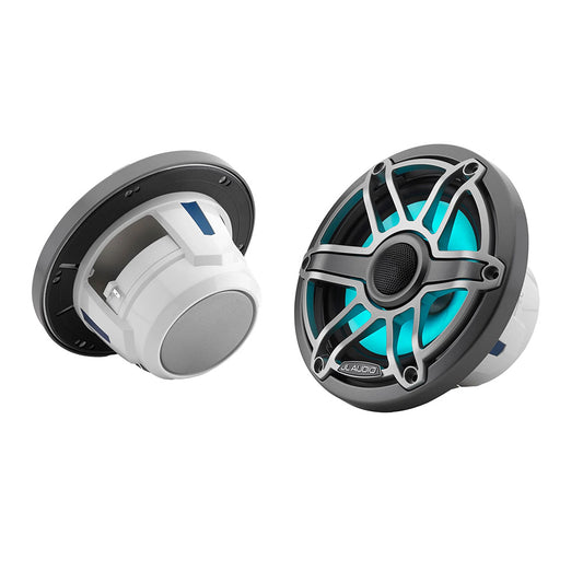 JL Audio M6-650X-S-GmTi-i 6.5 inch marine coaxial speaker with grey metallic sport grille and RGB LED ring