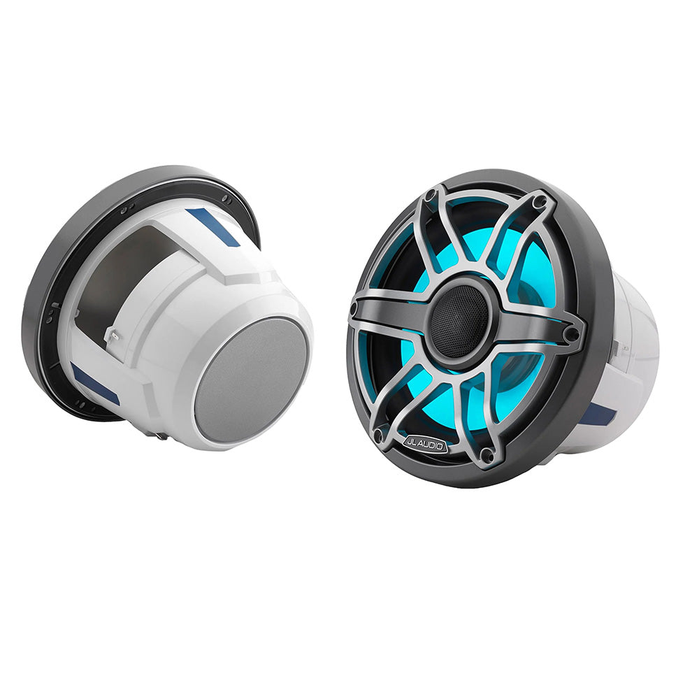 JL Audio M6-880X-S-GmTi-i 8.8 inch marine coaxial speaker with grey metallic sport grille and RGB LED glow