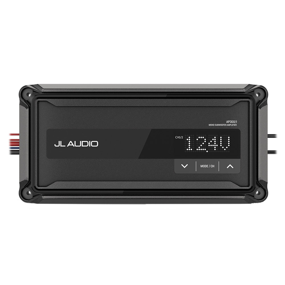 JL Audio AP300/1 compact monoblock marine subwoofer amplifier with built-in LCD control panel