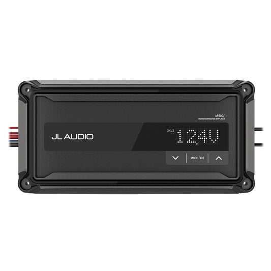 JL Audio AP300/1 compact monoblock marine subwoofer amplifier with built-in LCD control panel