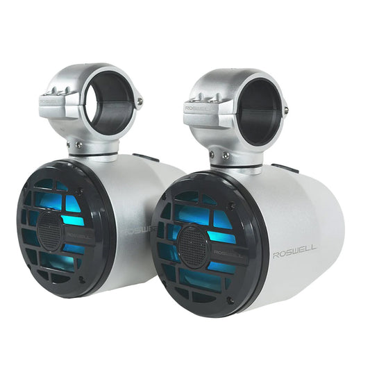 Roswell R 6.5 inch marine tower speakers with anthracite grilles and billet tube clamps, shown as a pair