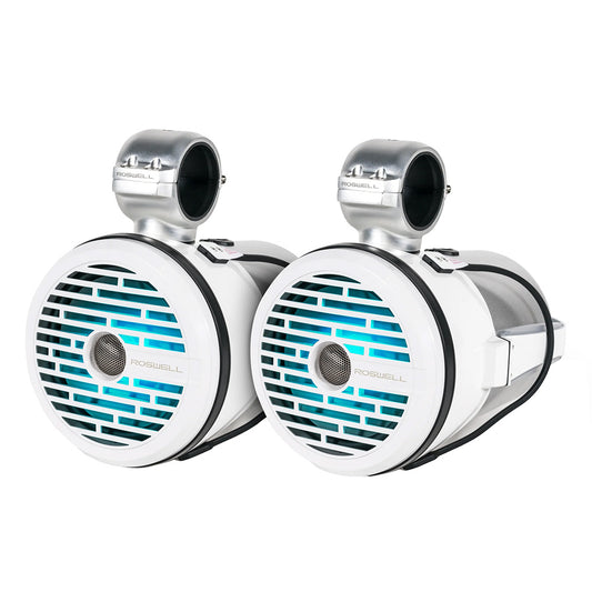 Roswell R1 8 inch white aluminum marine tower speakers with universal tube clamps, shown as a pair