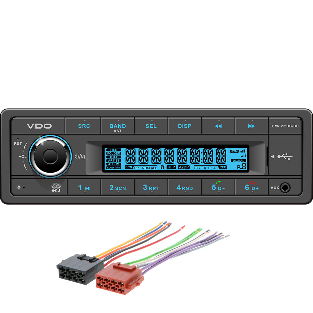 VDO TRW312UB-BUK 12V radio receiver with matte black fixed front, LCD display and blue illuminated buttons