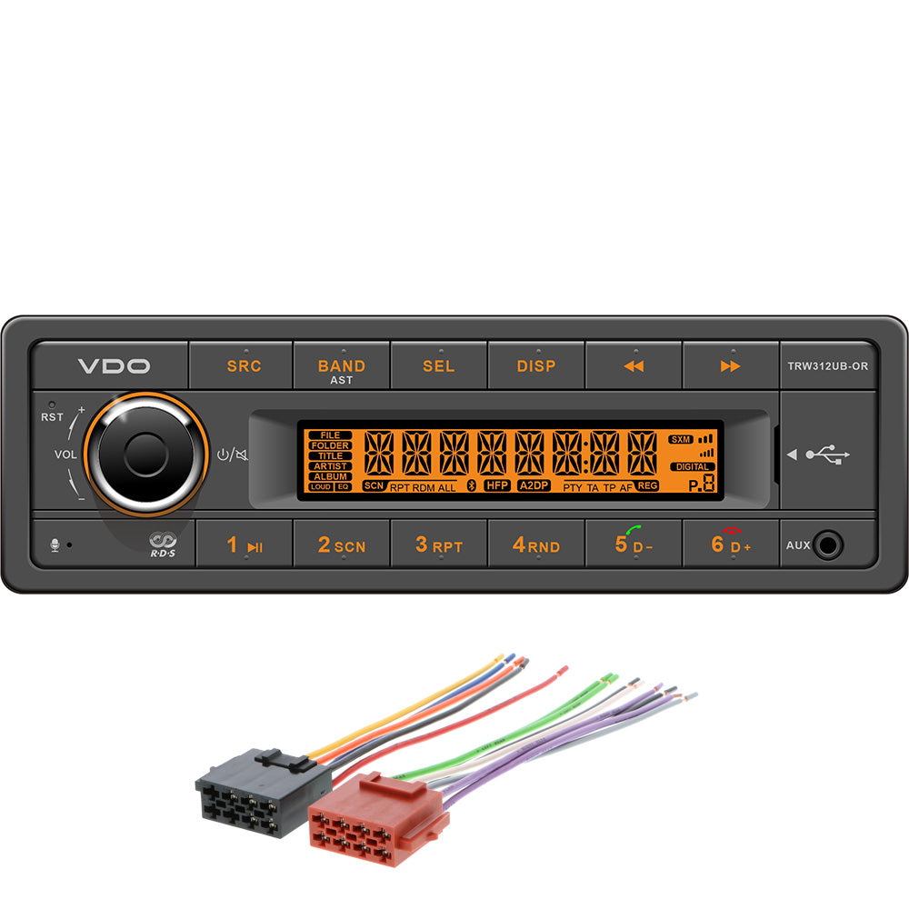 VDO TRW312UB-ORK 12V radio with matte black front, LCD display and orange button illumination
